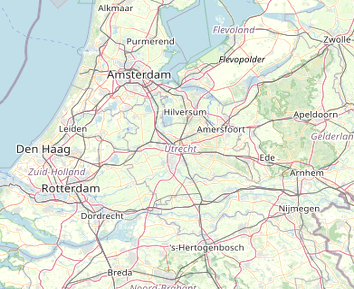 Geografische kaart van Midden-Nederland met Utrecht, Amsterdam, Almere, Rotterdam, Den Bosch, Nijmegen en Arnhem.